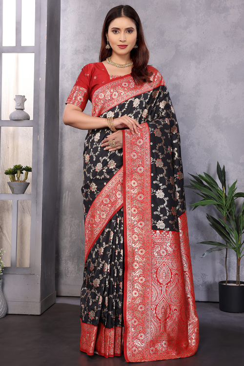 Black Art Silk Broad Border Saree With Weaved Work