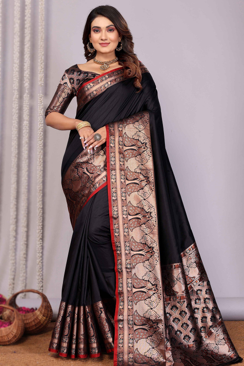 Black Art Silk Broad Border Saree With Weaved Work