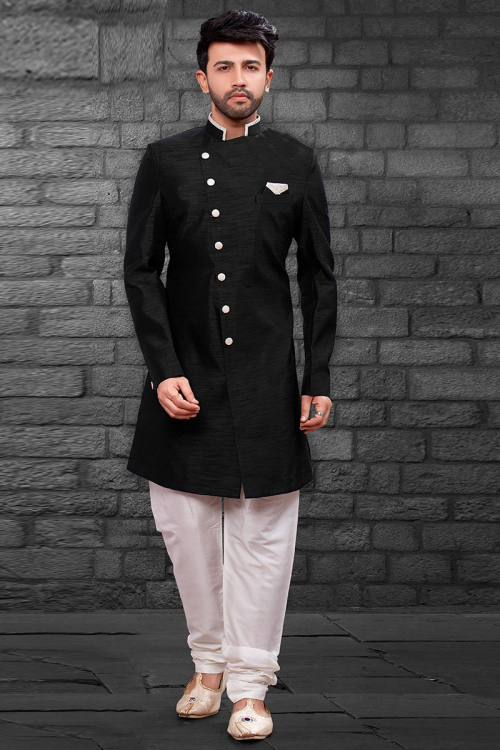 Black Asymmetric Indo-Western Sherwani with White Churidar Pants