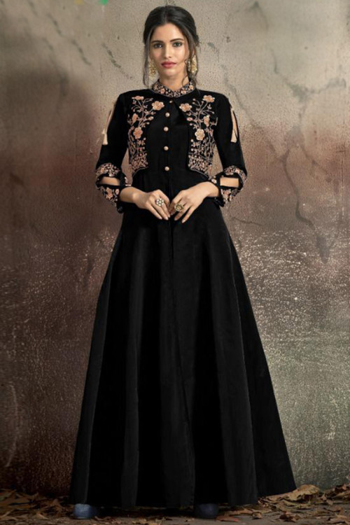 Black Traditional Party Wear Anarkali Suit in Art Silk