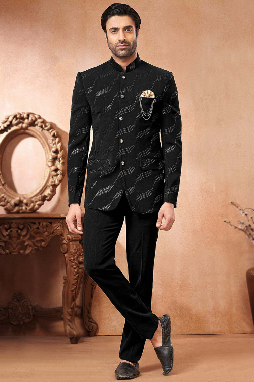 Black Art Silk Embroidered Jodhpuri Style Men's Coat Pant