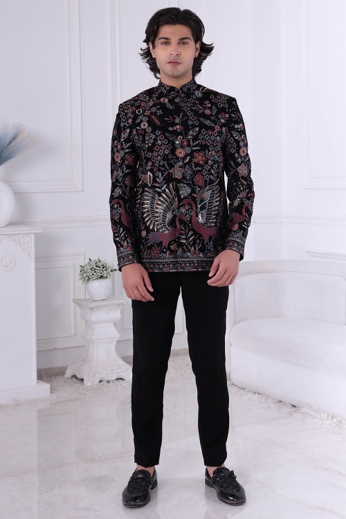 Black Art Silk Embroidered Jodhpuri Style Men's Sherwani