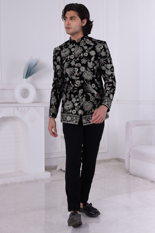 Black Art Silk Embroidered Jodhpuri Style Men's Sherwani