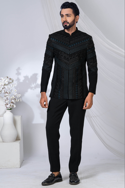 Black Art Silk Embroidered Jodhpuri Style Men's Sherwani
