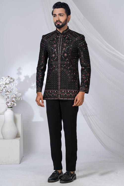 Black Art Silk Embroidered Jodhpuri Style Men's Sherwani