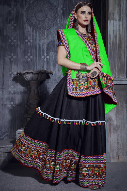 Sangeet Lace Embroidered Lehenga in Art Silk Black