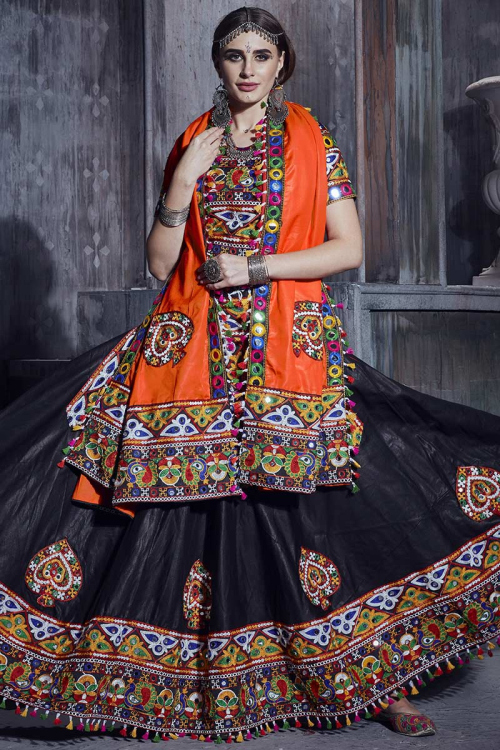Party Wear Lace Embroidered Black Lehenga in Art Silk
