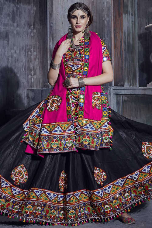 Black Party Wear Thread Embroidered Lehenga in Art Silk