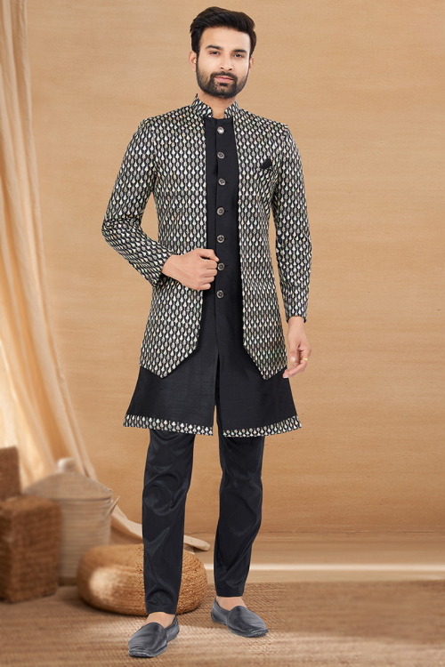 Black Art Silk Embroidered Traditional Men's Sherwani 