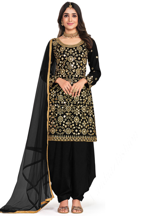 Black Art Silk Faux Mirror Embroidered Patiala Suit