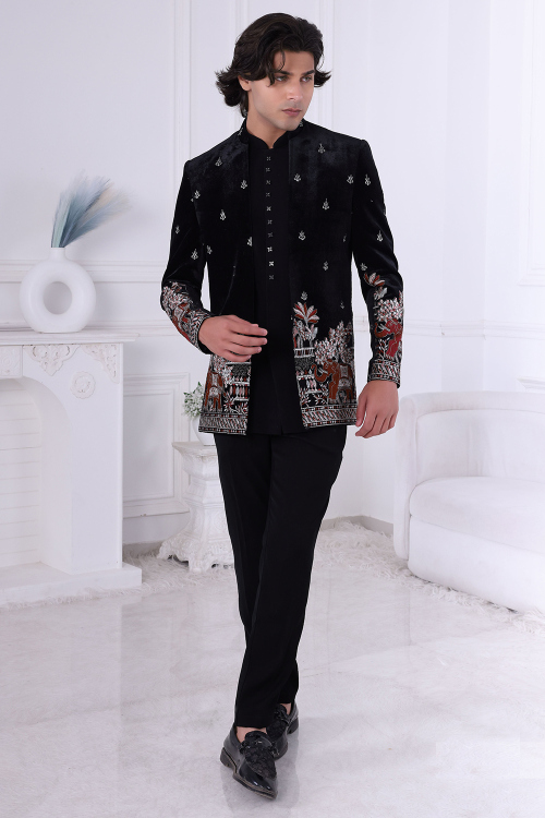 Black Art Silk Jodhpuri Men's Sherwani With Embroidered Jacket
