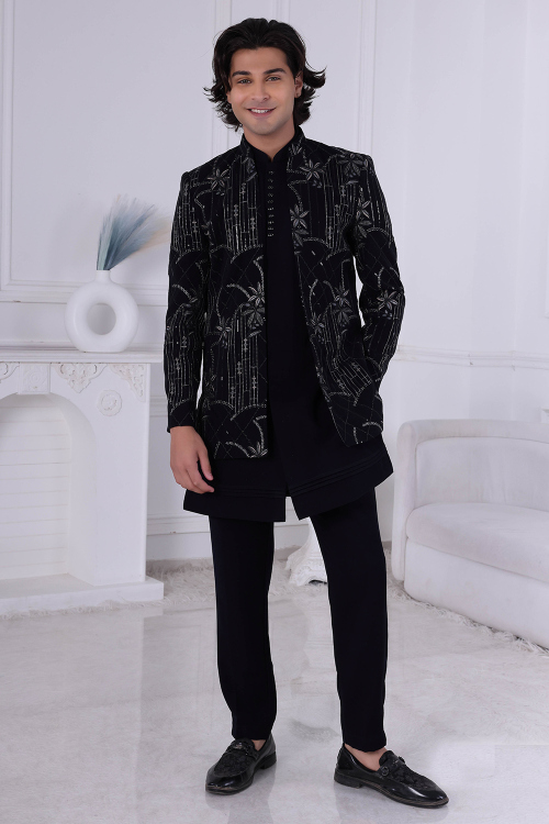Black Art Silk Jodhpuri Men's Sherwani With Embroidered Jacket