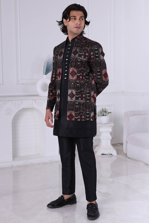 Black Art Silk Jodhpuri Men's Sherwani With Embroidered Jacket
