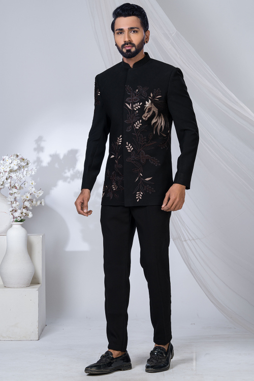 Black Art Silk Jodhpuri Style Men's Sherwani With Beads Work
