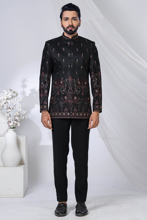 Black Art Silk Jodhpuri Style Men's Sherwani With Sequins Work