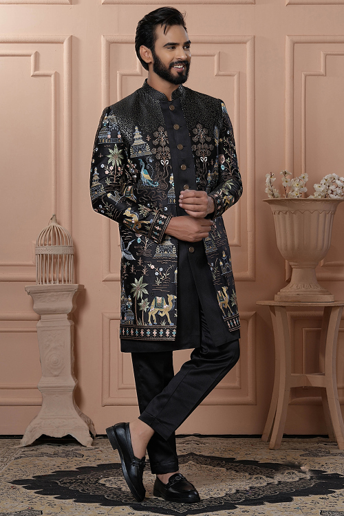 Black Art Silk Men's Embroidered Jacket Style Sherwani