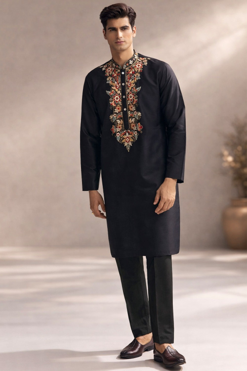 Black Art Silk Men&#039;s Kurta Pajama With Sequins Work For Festival