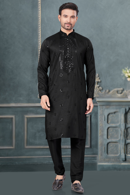 Black Art Silk Men's Kurta Pajama With Sequins Work