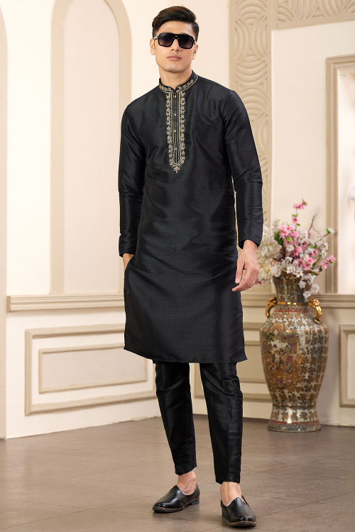 Black Art Silk Men's Kurta Pajama With Zari Work
