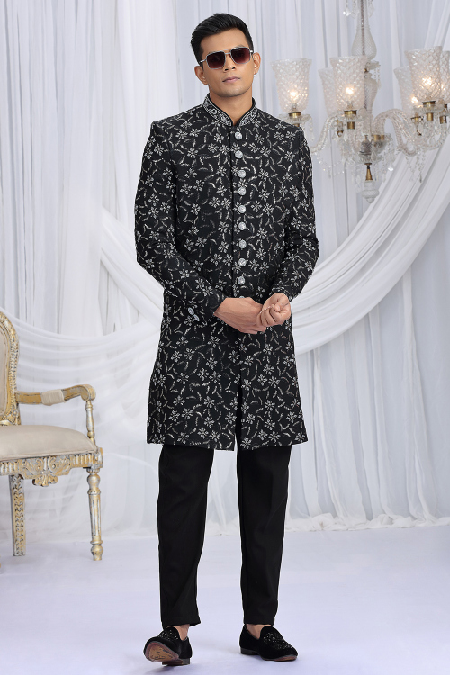 Black Art Silk Men's Sherwani With Beads Work