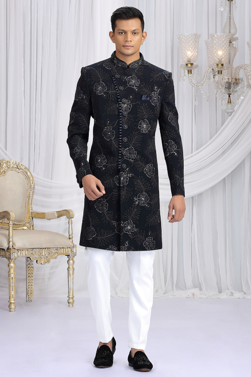Black Art Silk Men's Sherwani With Zari Work