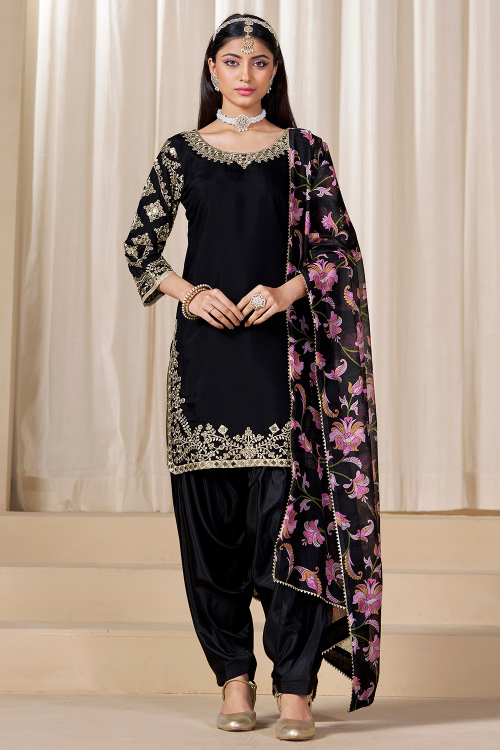Black Art Silk Patiala Salwar Suit With Zari Work