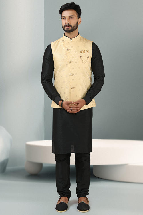 Black Art Silk Plain Men Kurta With Churidar