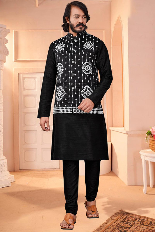 Buy Jacket Style Black Full Sleeve Kurta Pajama Online for Men in USA