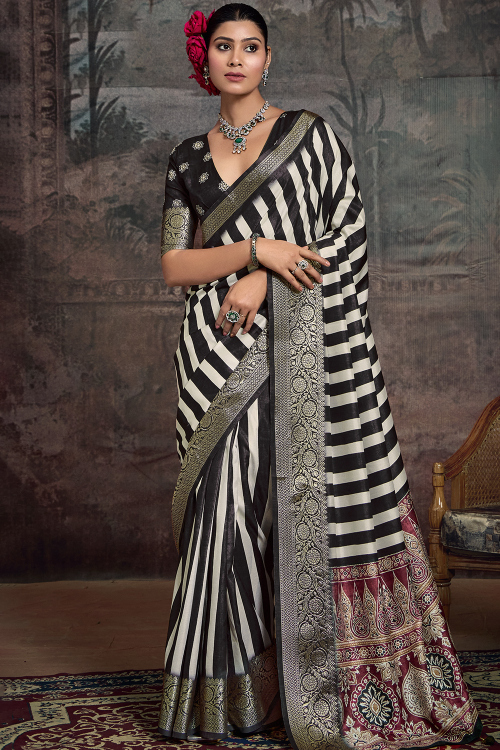 Black Art Silk Saree With Printed Work For Festival