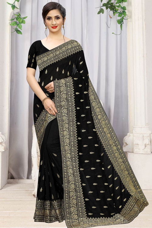 Black Art Silk Saree With Raw Silk Blouse