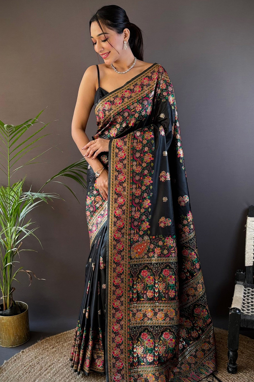 Black Art Silk Saree With Weaved Work For Festival