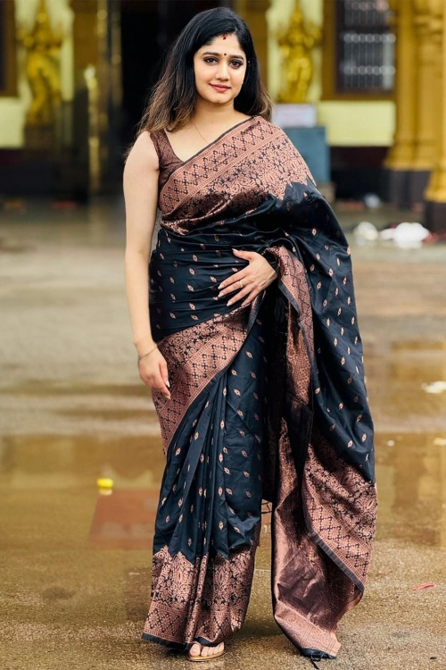 Black Art Silk Saree With Woven Zari Work For Diwali 