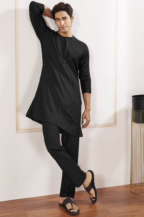 Black Art Silk Straight Cut Men's Plain Kurta Pajama