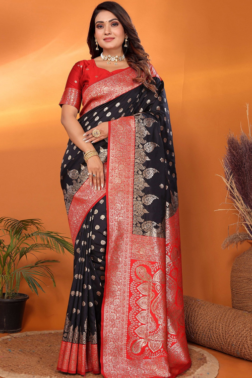 Black Art Silk Weaved Broad Border Saree 