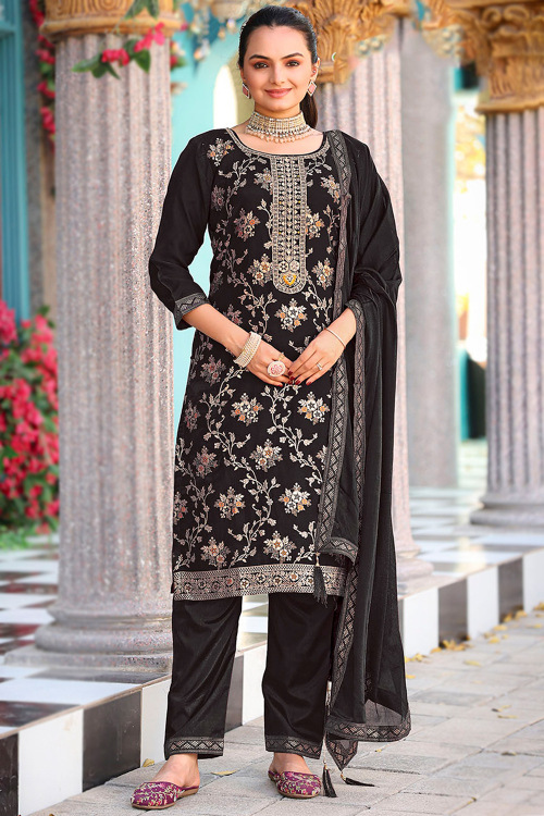 Black Art Silk Weaved Straight Cut Trouser Suit 