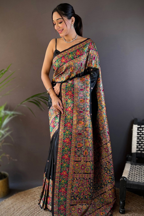 Black Art Silk Weaved Thread Broad Border Saree