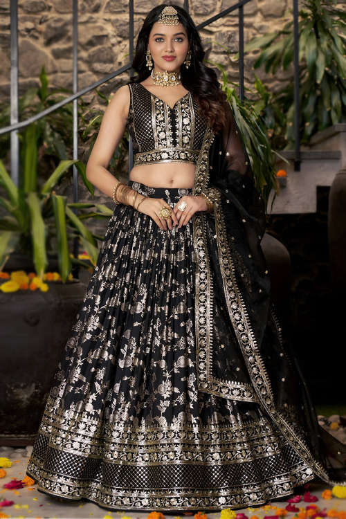 Black Art Silk Woven Zari A Line Lehenga