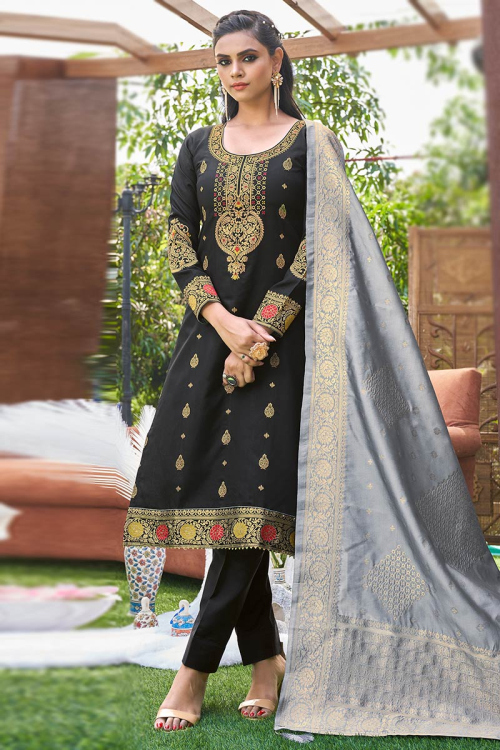 Black Banarasi Silk Woven Zari Trouser Suit