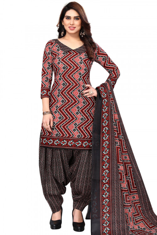 Black Casual Wear Cotton Printed Bandhej Style Patiala Suit 