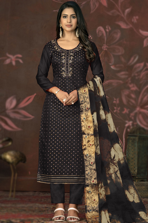 Black Chanderi Weaved Zari Trouser Suit For Sangeet 