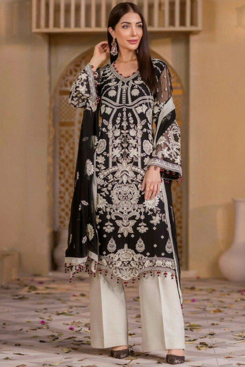 Black Chiffon Embroidered Pakistani Trouser Suit