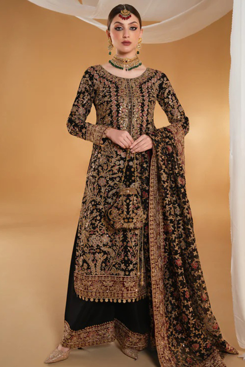 Black Chiffon Embroidered Straight Cut Palazzo Suit with Heavy Dupatta