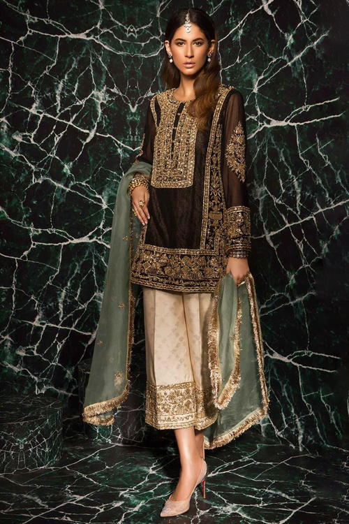 Black Chiffon Embroidered Straight Cut Palazzo Suit for Wedding & Party