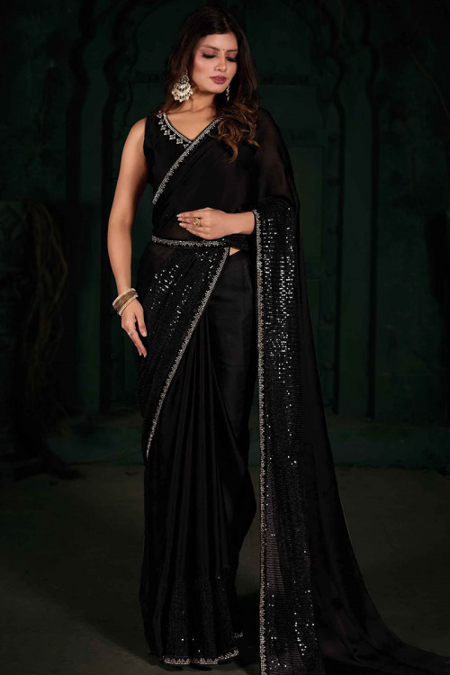 Black Chiffon Silk Stone Embellished Light Weight Saree