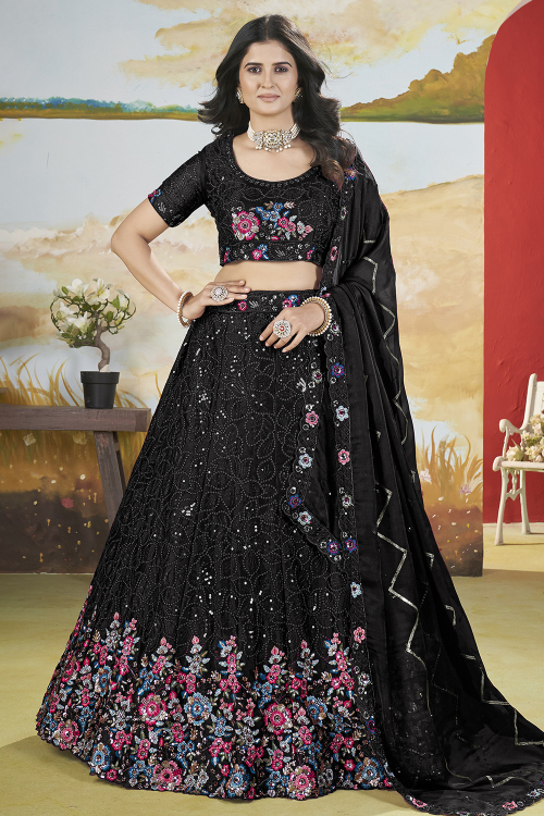 Black Chinnon Embroidered Panelled Style Lehenga