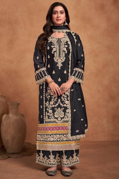 Black Chinnon Embroidered Straight Cut Palazzo Suit 