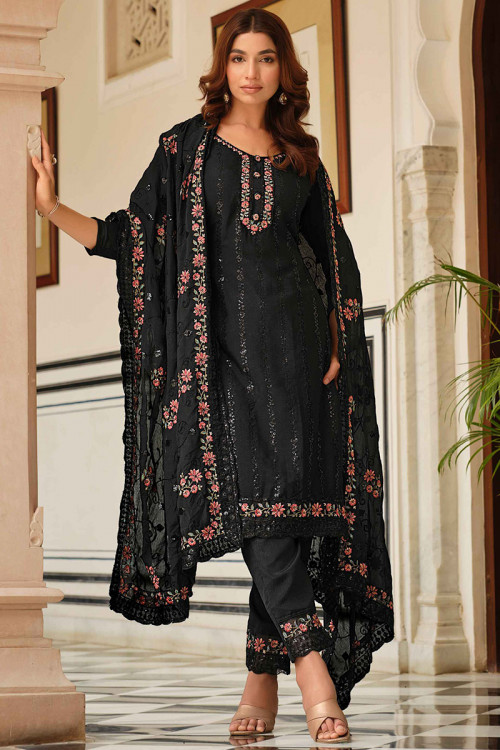 Black Chinnon Embroidered Straight Cut Suit