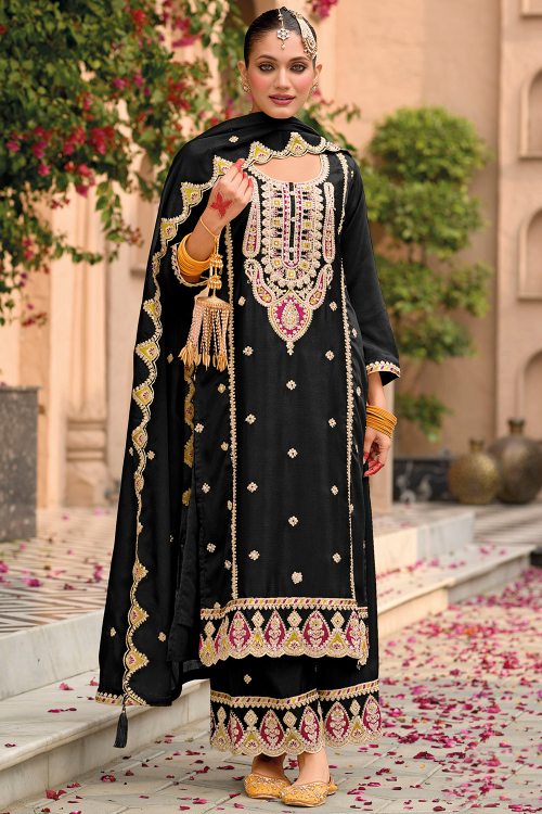 Black Chinnon Embroidered Straight Cut Suit