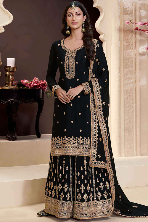 Black Chinnon Embroidery Straight Cut Palazzo Suit 