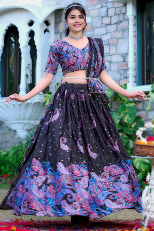 Black Chinnon Paisley Print Flared Style Lehenga For Sangeet 